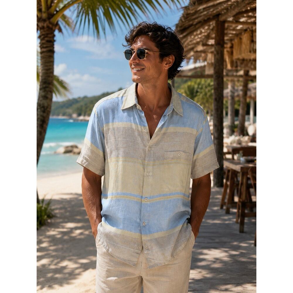 Bruno Blue Neutral Striped Linen Short Sleeve Shirt Mens M Cabana Resort Beach